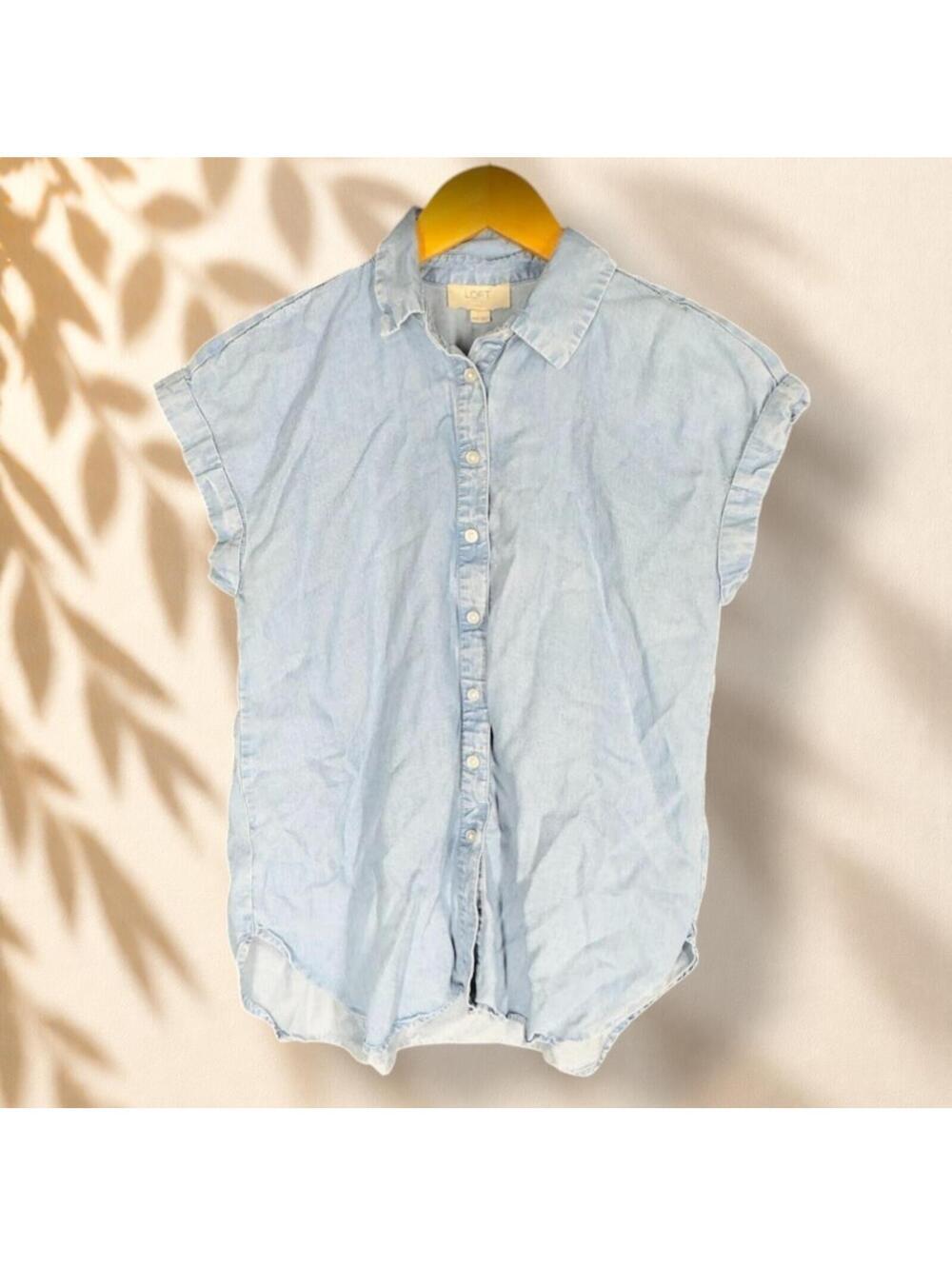 Loft Shirt Women P2XS Petite Blue Button Up Collared Short Sleeve Casual Solid